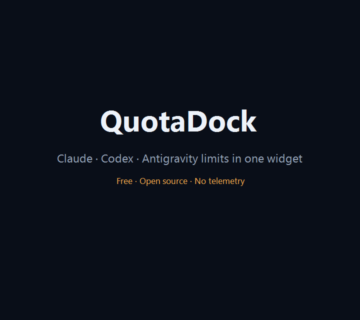 QuotaDock showing usage bars and reset countdowns for Claude, Codex and Antigravity